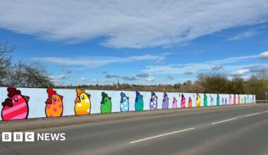 A mural on a wall at the side of a road shows paintings of chickens in various colours