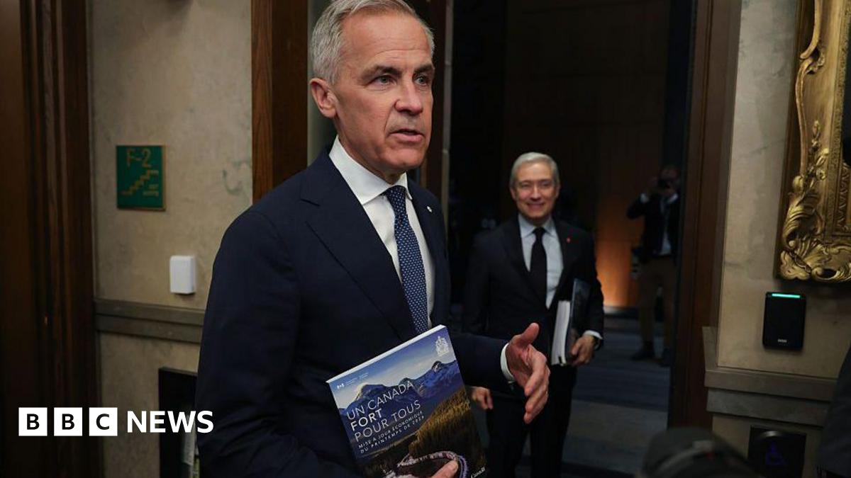 An image of Mark Carney in the foyer of Canada's House of Commons. He is seen speaking to a person off-camera while holding a document titled 'Un Canada Fort Pour Tous'. Beside him is finance minister Francois-Philippe Champagne, who is looking over at Carney and is holding the same document.