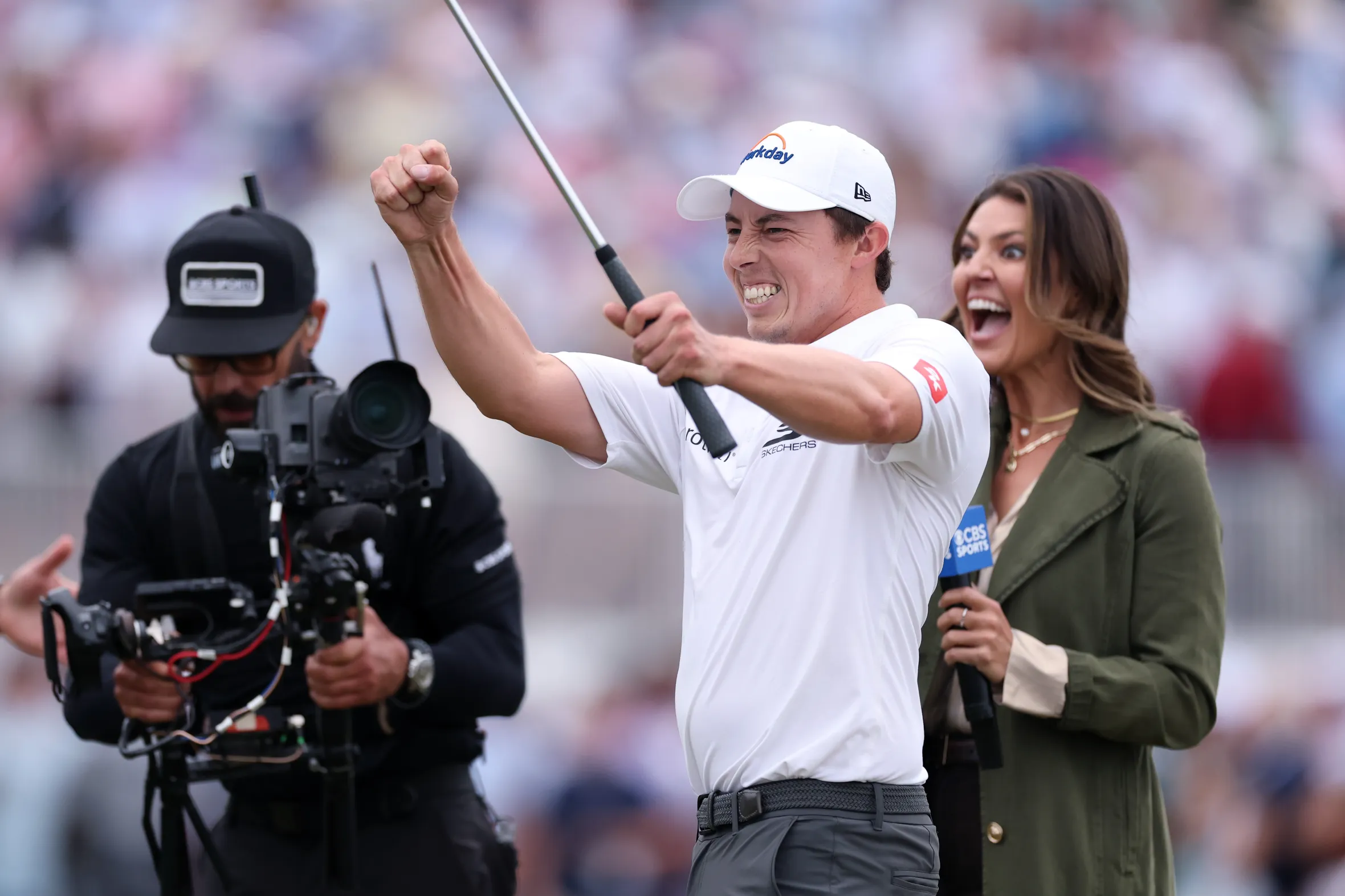 Matthew Fitzpatrick celebrates after winning the RBC Heritage 2026 golf tournament.