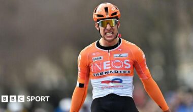 Axel Lawrence celebrates winning stage three of the Tour de la Provence