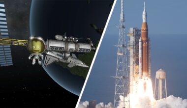 Split image showing a Kerbal floating in orbit near a rocket and space station on the left, and the Artemis 2 rocket launch on the right.