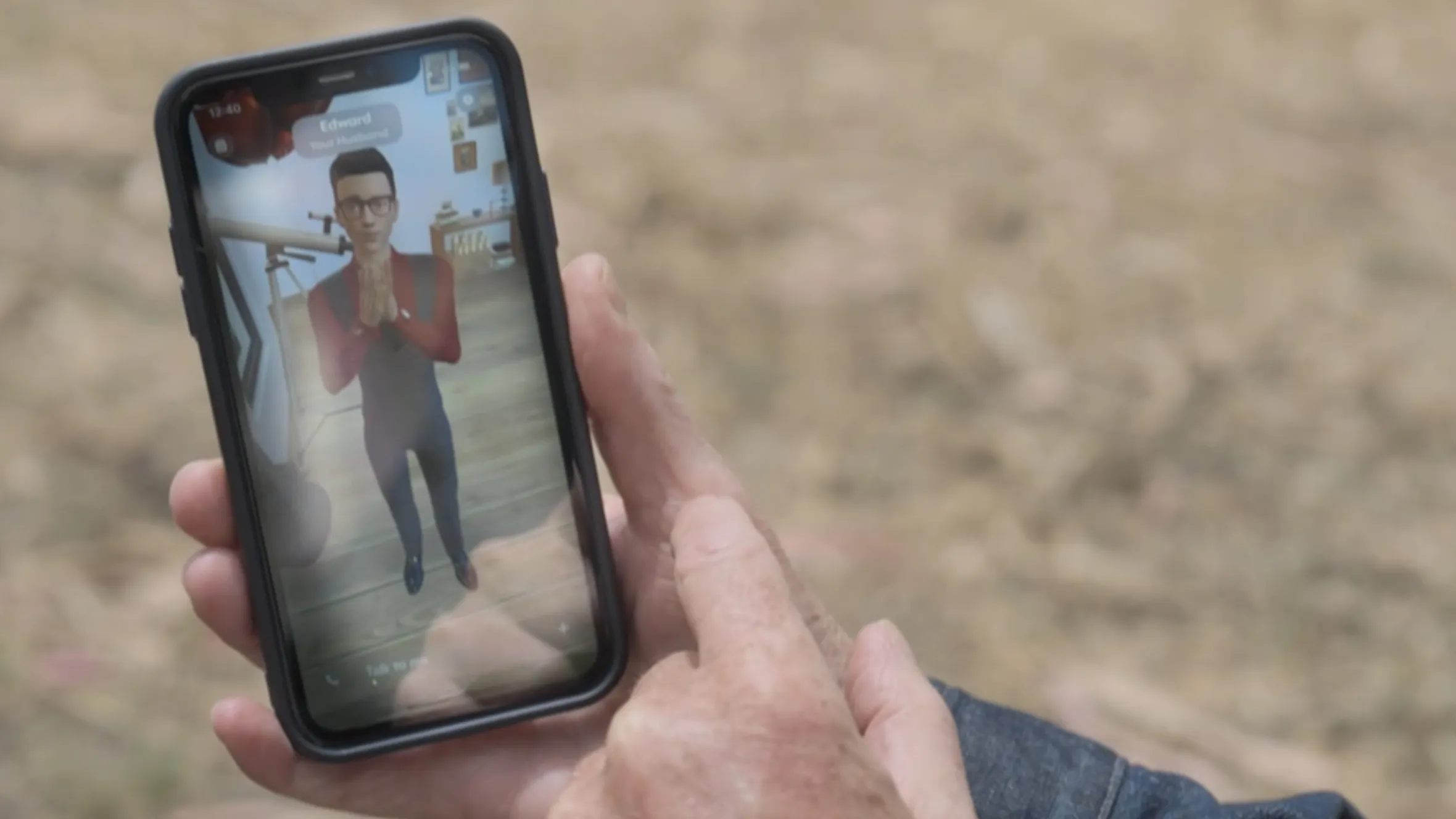 A hand holding a smartphone displaying an illustration of a chatbot named Edward, labeled "Your Husband."