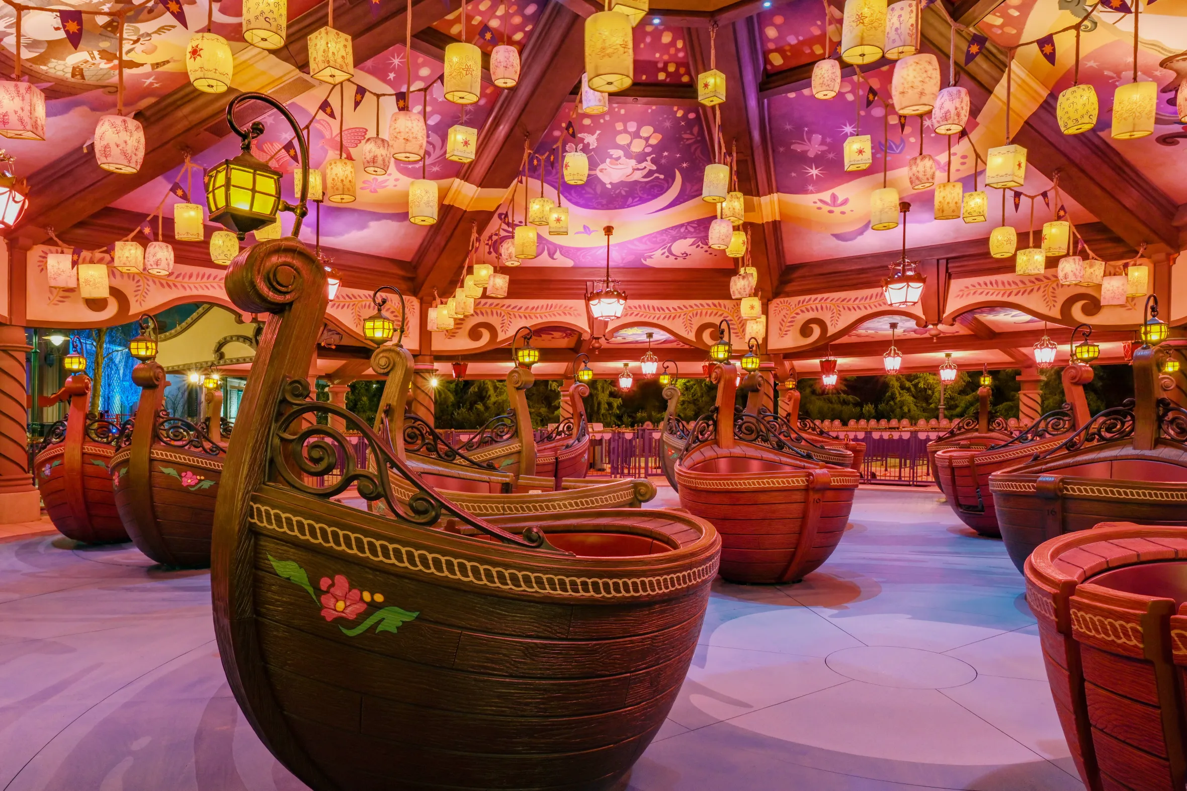 Night view of the Tangled Spin attraction at Disney Adventure World, Disneyland Paris, France.