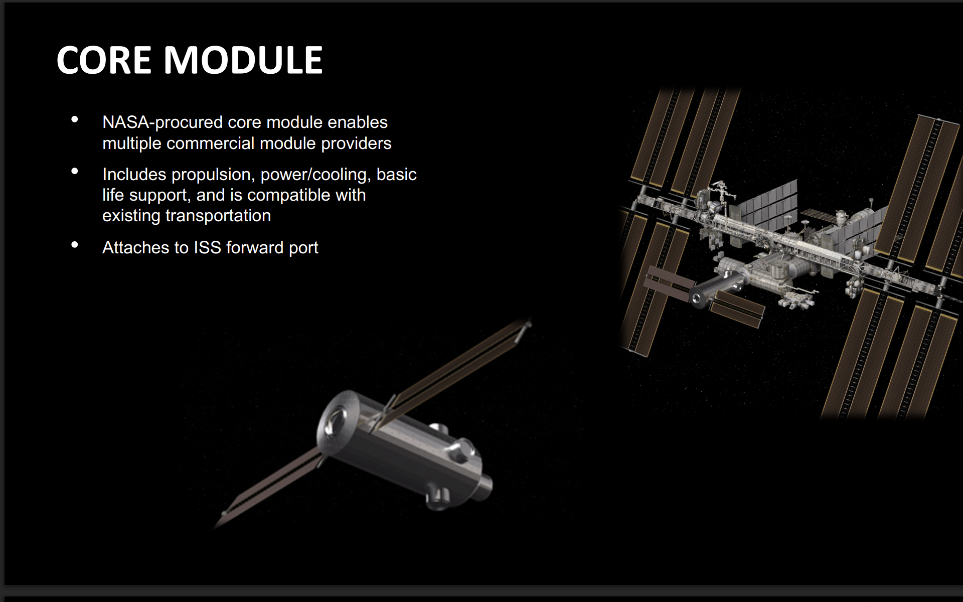 A NASA slide depicting a planned core module for a new commercial space station
