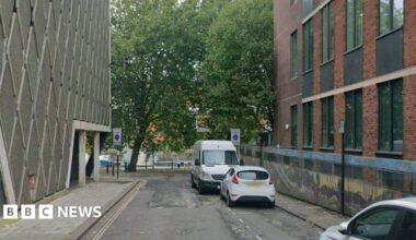 Assembly Rooms Lane in Bristol on an overcast day