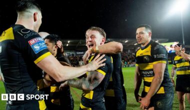 York Knights players celebrate after their Super League win over Hull KR in February