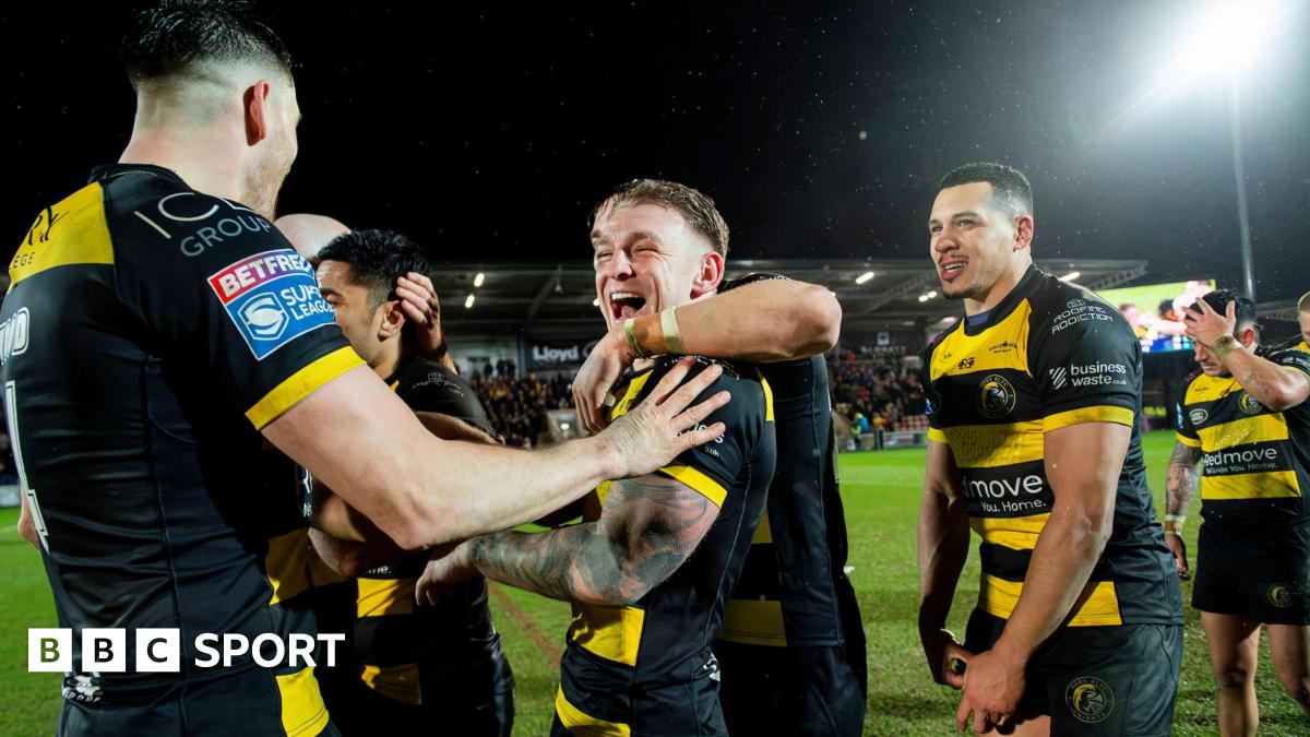 York Knights players celebrate after their Super League win over Hull KR in February