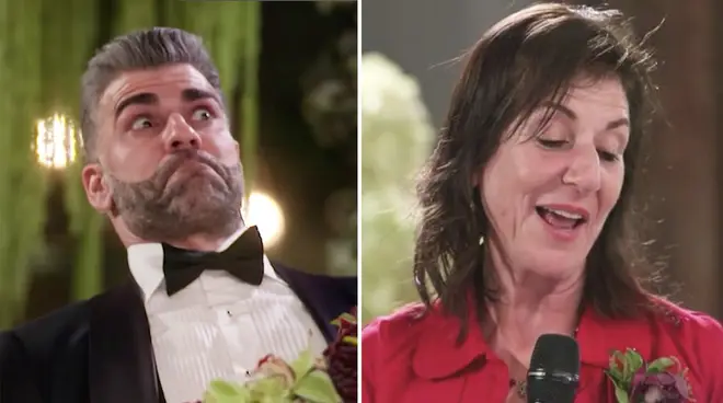 MAFS Australia's Joel looking shocked and his mum doing her speech.