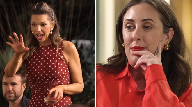 MAFS Australia Bec doing a speech and Rachel looking serious.