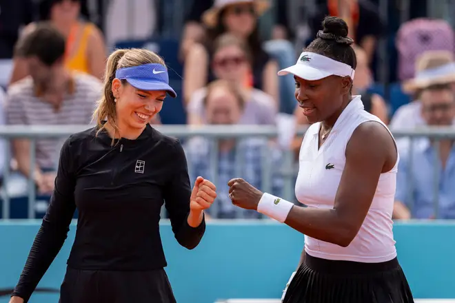 Katie Boulter of Great Britain and Venus Williams of United States celebrates winning a point against Xinyu Jiang of China and Yifan Xu of China in the Women's Doubles Round of 32 match during the Mutua Madrid Open 2026