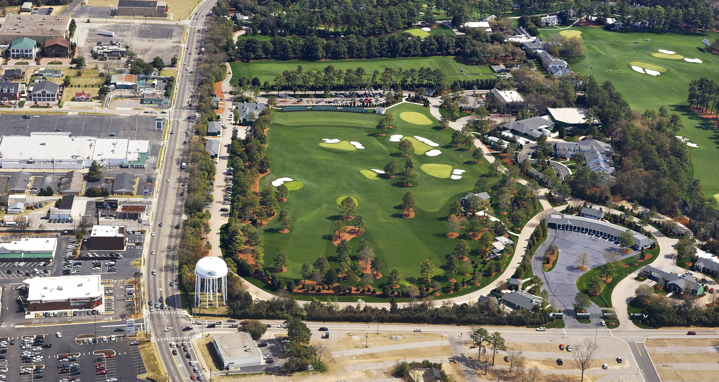 Aerial view of the new and old practice ranges at Augusta National Golf Course.