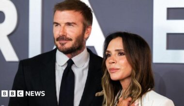 Victoria Beckham and David Beckham attend the "Victoria Beckham" World Premiere at the Curzon Mayfair on October 08, 2025 in London, England