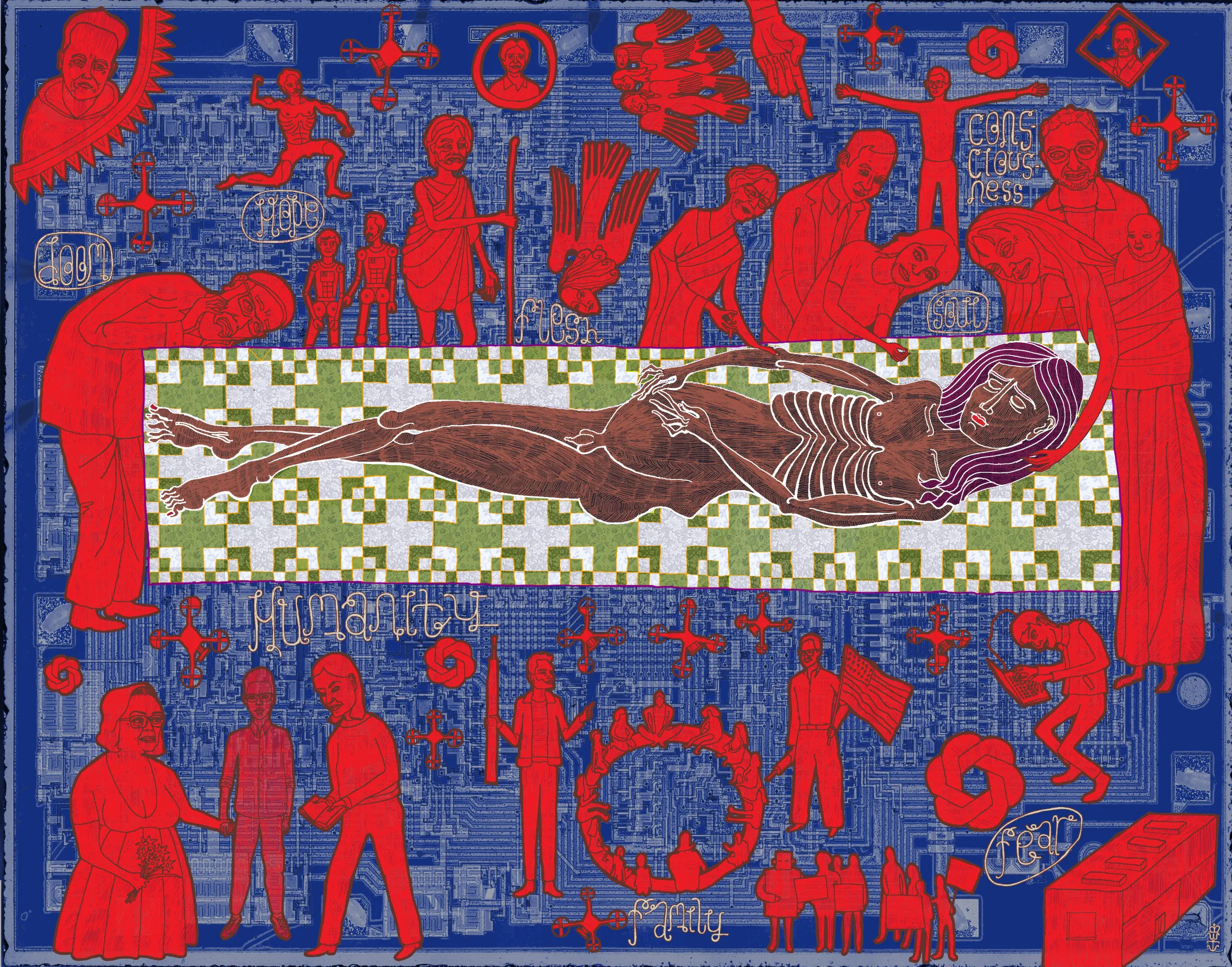 Illustration titled "BEHOLD HUMANITY" by Grayson Perry, depicting a central figure on a checkerboard surrounded by various red figures and objects on a blue circuit board background, with words like "hope," "flesh," "soul," "humanity," "family," and "fear."