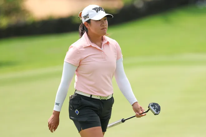 Auston Kim of the United States reacts on the 1st green during the third round of the Blue Bay LPGA 2026 at Jian Lake Blue Bay Golf Course on March 07, 2026 in Hainan Island, China.