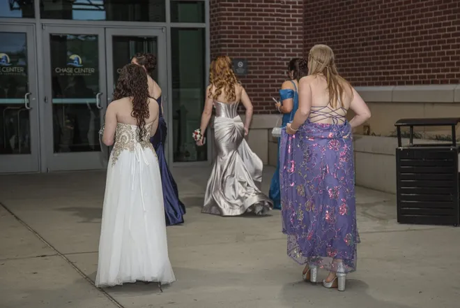 Conrad Schools of Science students and their guests arrive at the Chase Center on the Riverfront for their senior prom on April 24, 2026.