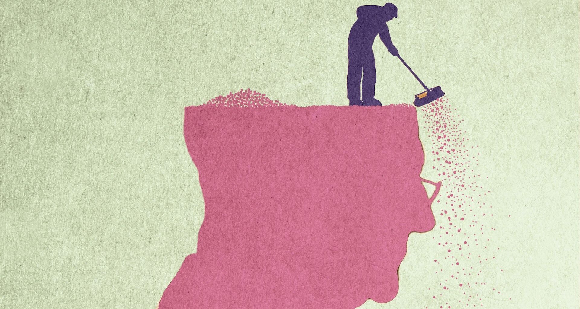 an illustration with the silhouette of an older man, with a smaller silhouette of a man sweeping bits of dust off the top of the older man's head