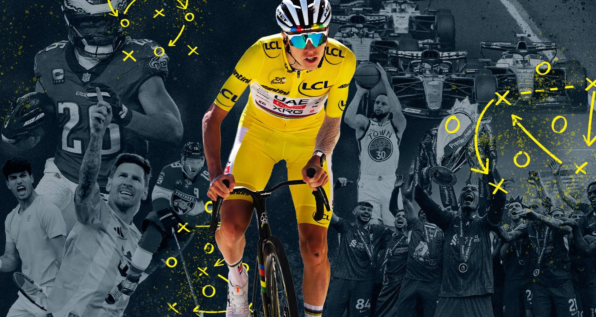 Tadej Pogačar surrounded by sports stars from soccer, american football, tennis, F1, ice hockey and basketball