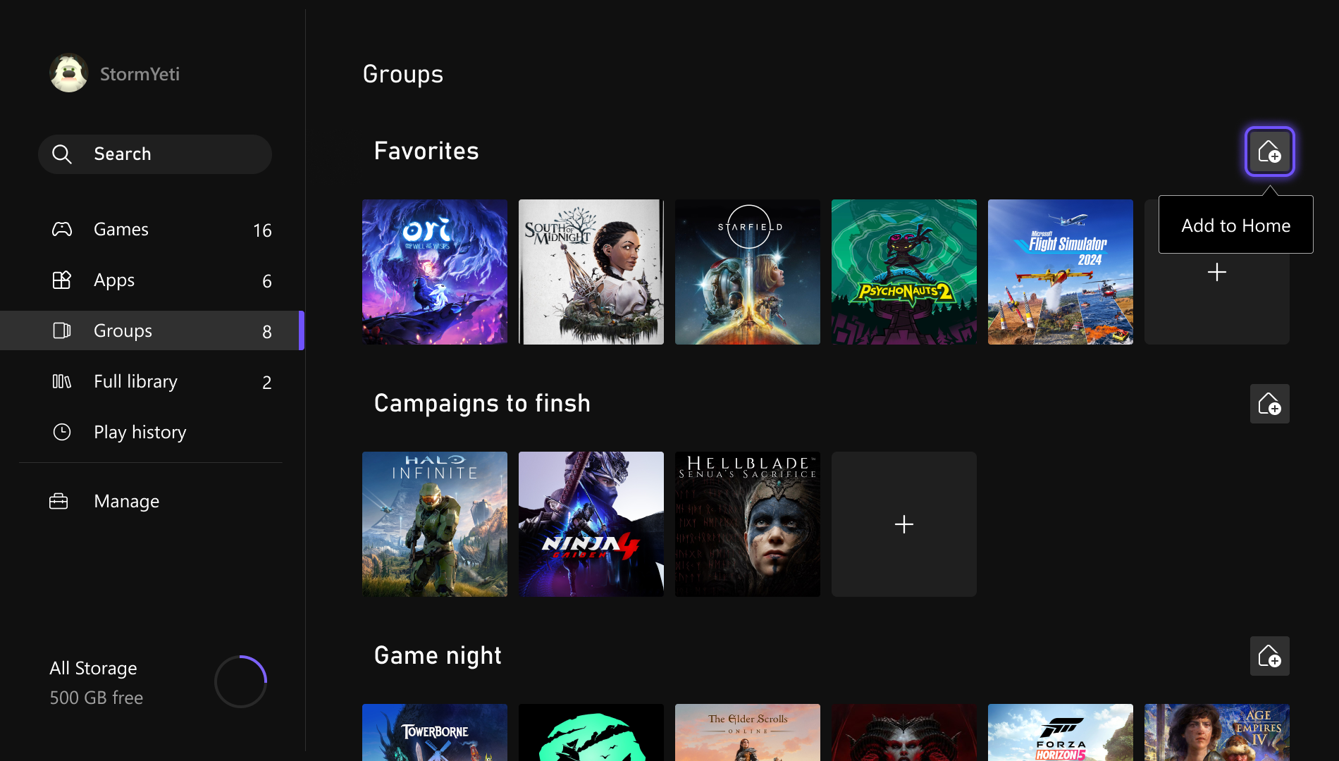 User interface of a gaming dashboard showing organized game groups. Categories like "Favorites" and "Campaigns to Finish" display game cover art. Dark theme with side menu.