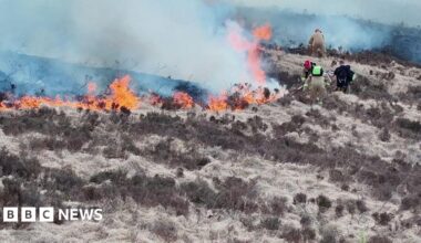 Four firefighters battling a wildfire on a mountain. There is a plume of smoke rising from the flames.