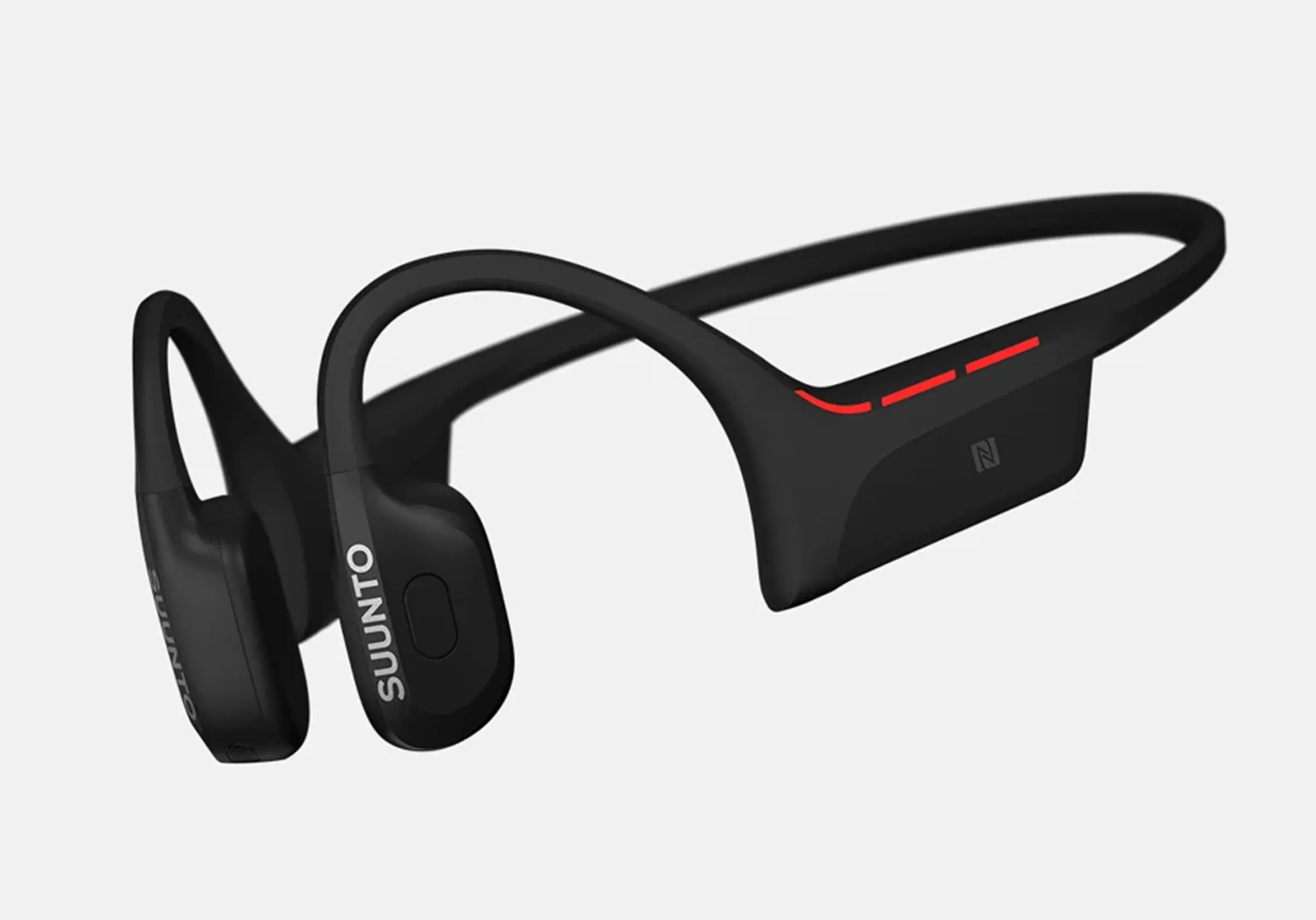 Suunto Wing 2 bone conduction headphones, black with red accents.