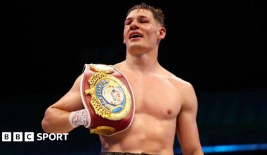 Chris Billam-Smith celebrates after retaining his WBO title