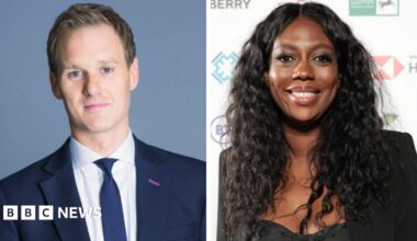 Dan Walker (left) wearing a suit with a dark blue tie, against a blue background, and Claudia-Liza Vanderpuije (right) wearing a black ensemble, against a white background