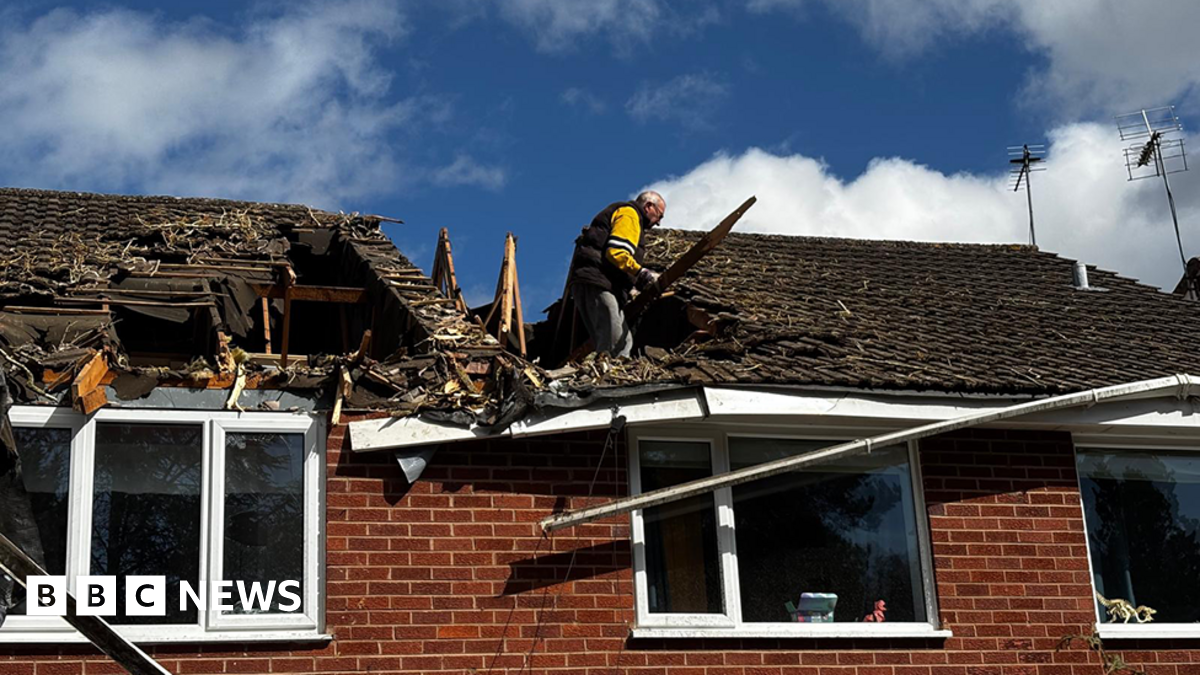 Two houses have a large hole in the roof, in the foreground is the remnants of a fallen tree