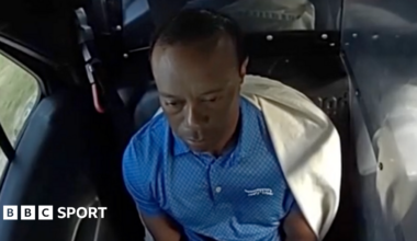 Tiger Woods sits in the back of a police car after being arrested