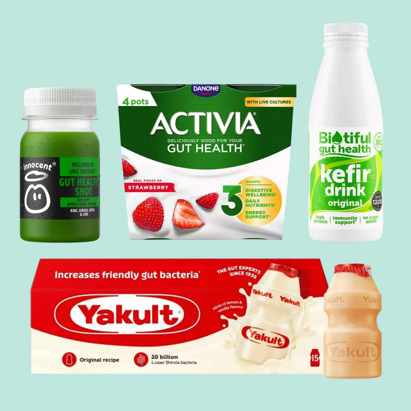 Collage of gut health products including Innocent Gut Health Shot, Activia yogurt, Biotiful kefir drink, and Yakult.