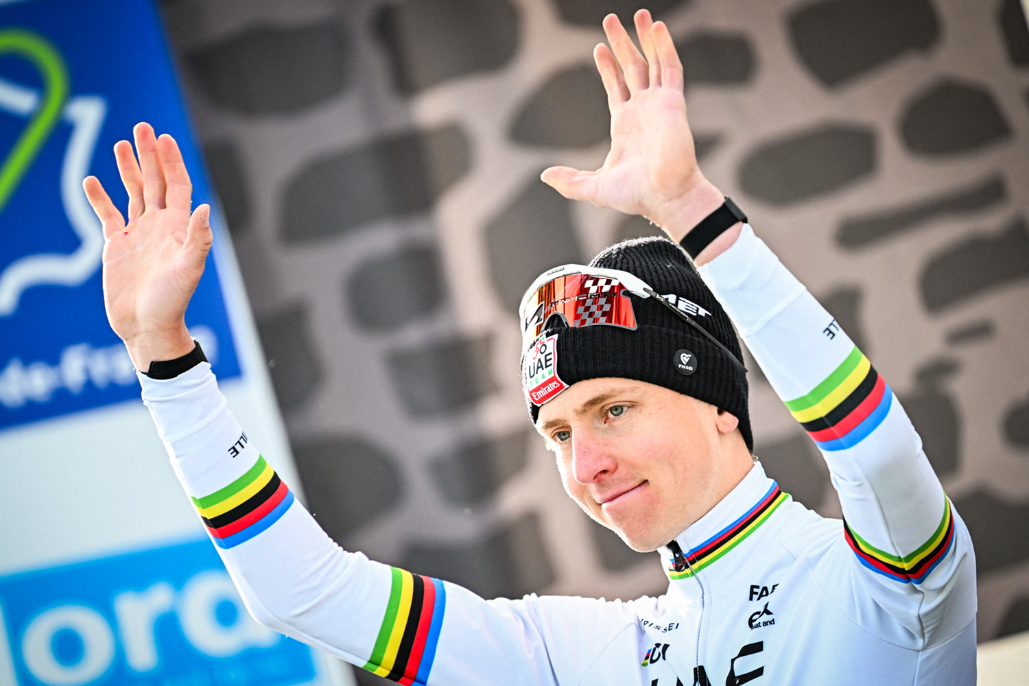 Tadej Pogačar celebrates second place on the podium of Paris-Roubaix 2026