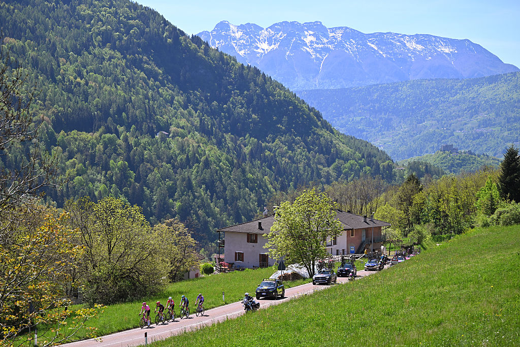 TRENTO, ITALY - APRIL 23: Lennart Jasch of Germany and Team Tudor Pro Cycling, Rainer Kepplinger of Austria and Team Bahrain - Victorious, Sean Quinn of United States and Team EF Education - EasyPost, Christopher Juul-Jensen of Denmark and Team Jayco AlUla and Simone Raccani of Italy and Team Ukyo compete in the breakaway during the 48th Tour of the Alps 2026, Stage 4 a 167.8km stage from Arco to Trento on April 23, 2026 in Trento, Italy. (Photo by Tim de Waele/Getty Images)