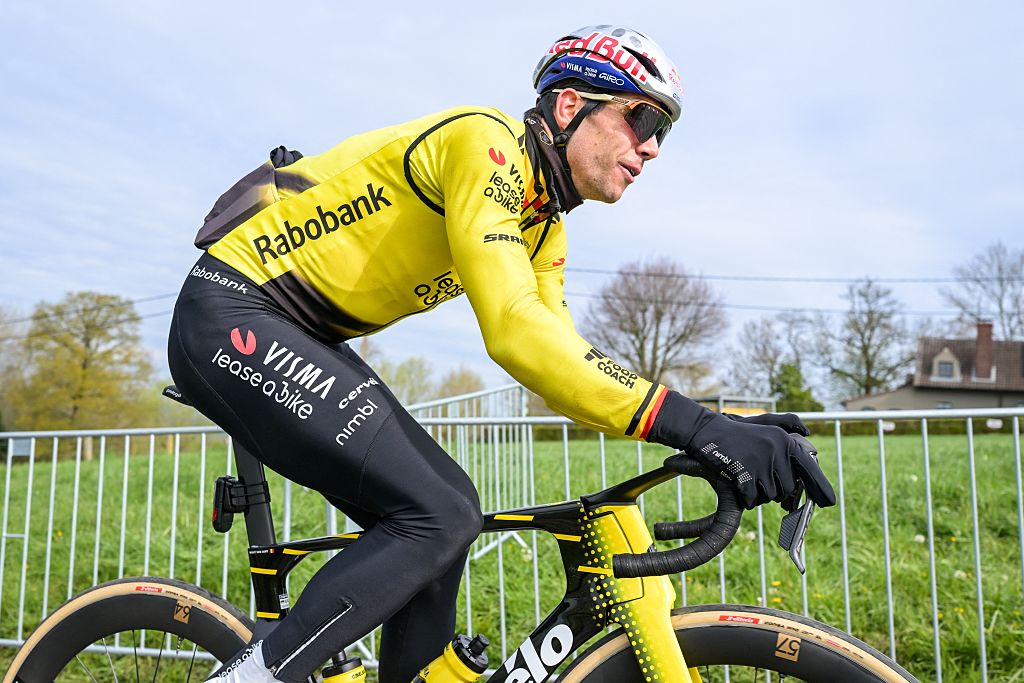 Belgium's cyclist Wout van Aert of Team Visma-Lease a Bike takes part in a training session ahead of the Tour of Flanders cycling race on the Paterberg climb in Kluisbergen on April 3, 2026. (Photo by DAVID PINTENS / Belga / AFP) / Belgium OUT