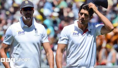 Kevin Pietersen and Alastair Cook walk off together