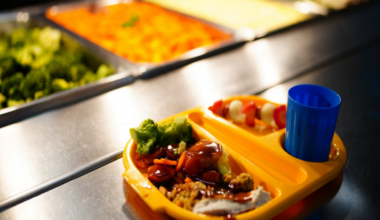 Two school girls are sitting eating their school dinners. One has jacket potato and peas with fruit, and the other has fish and chips with peas and fruit. They are wearing a navy blue school uniform and smiling at each other