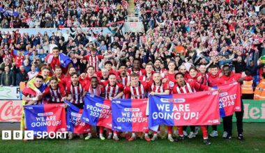 The Lincoln City squad celebrating their promotion infront of their visiting supporters at Reading's Select Car Leasing Stadium.