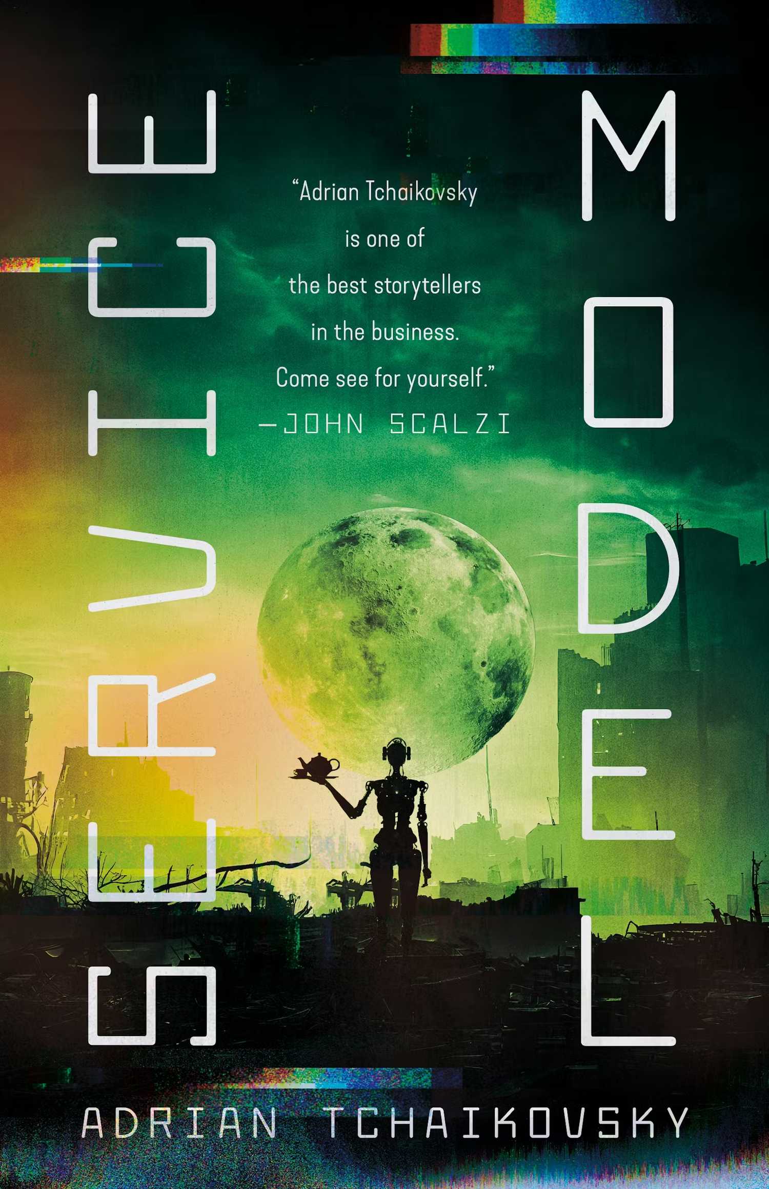 A green book cover that depicts the silhouette of a robot standing in front of a moon