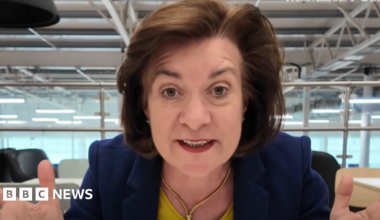 Eluned Morgan, a middle aged woman with brown hair, gestures as she speaks to the camera.