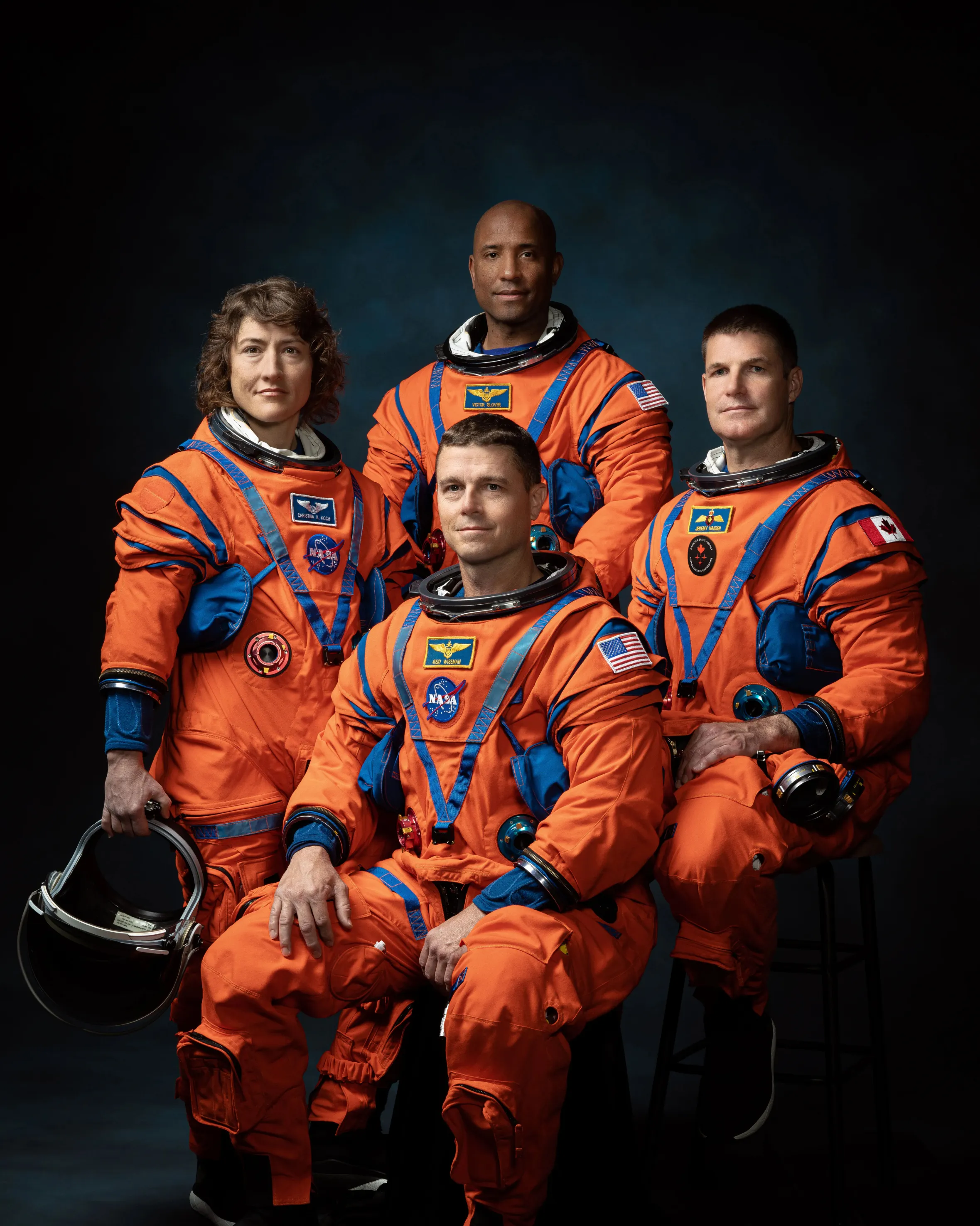 NASA astronauts Christina Koch, Reid Wiseman, Victor Glover, and CSA astronaut Jeremy Hansen.
