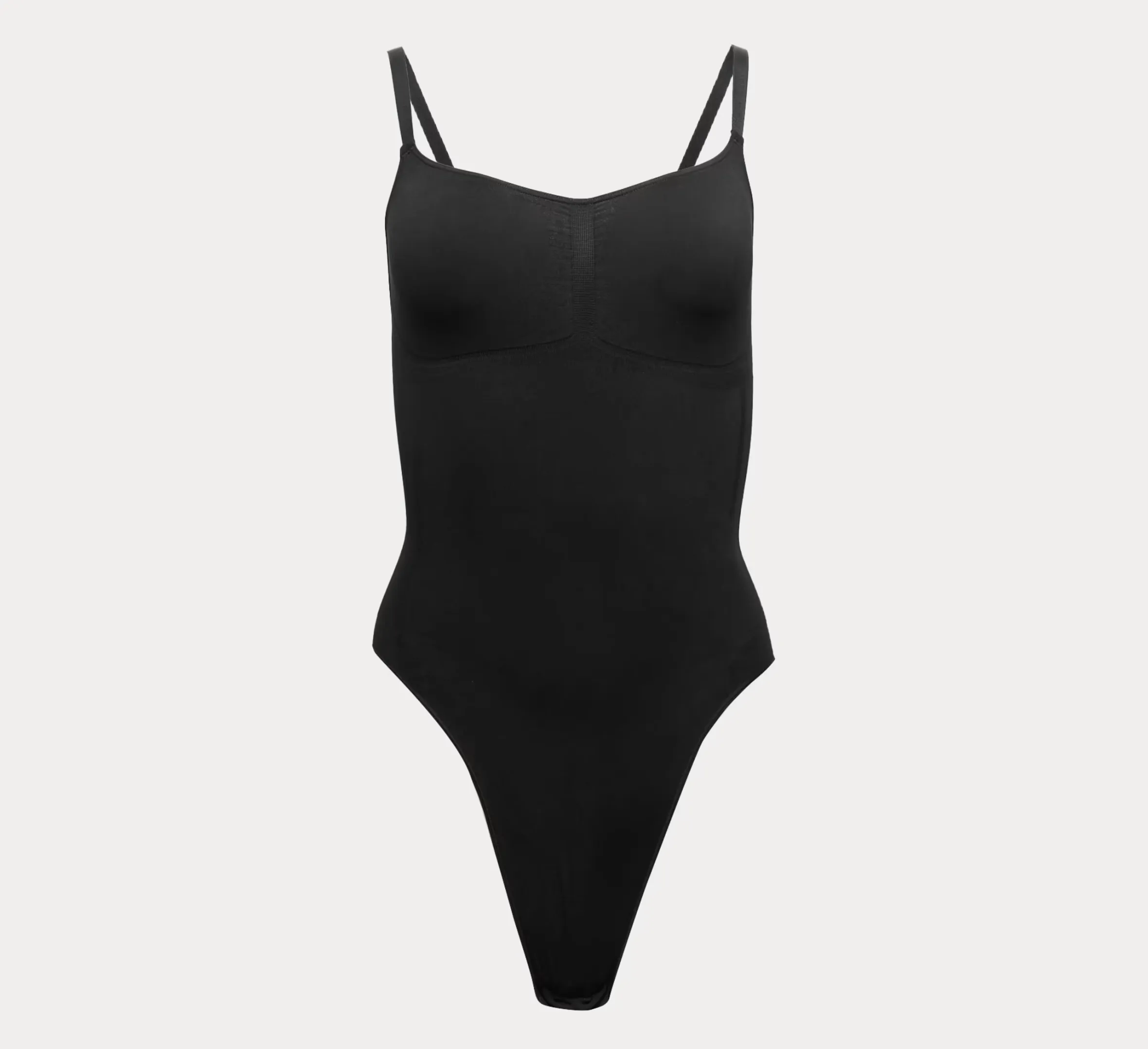Black bodysuit with thin shoulder straps and a sweetheart neckline.
