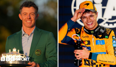 Rory McIlroy wearing a green jacket and holding a trophy and Lando Norris wearing an orange jumpsuit and holding his hat