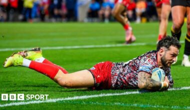 Gareth O'Brien crashes down with the ball to score a try for Leigh at the York Community Stadium