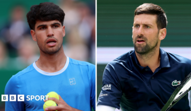 Carlos Alcaraz and Novak Djokovic in a split picture. Alcaraz is holding two balls in his hand while Djokovic is preparing to play a back hand