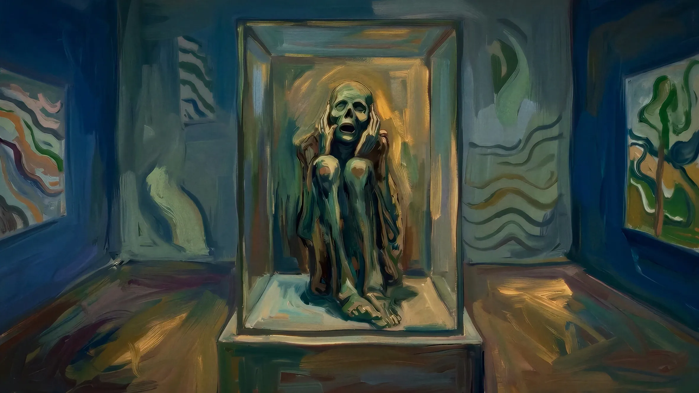 Illustration of a skeletal figure from Edvard Munch's "The Scream" in a display case at an art gallery.