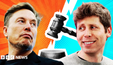 Elon Musk wearing blue jeans and a pale jacket, sitting on an armchair, looking across to Sam Altman, wearing a dark suit with white trainers, sitting on an armchair. Between them is a small table with a glass of water on it. They appear to be on stage talking to an audience.