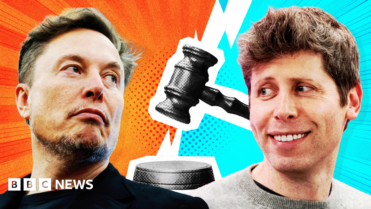 Elon Musk wearing blue jeans and a pale jacket, sitting on an armchair, looking across to Sam Altman, wearing a dark suit with white trainers, sitting on an armchair. Between them is a small table with a glass of water on it. They appear to be on stage talking to an audience.