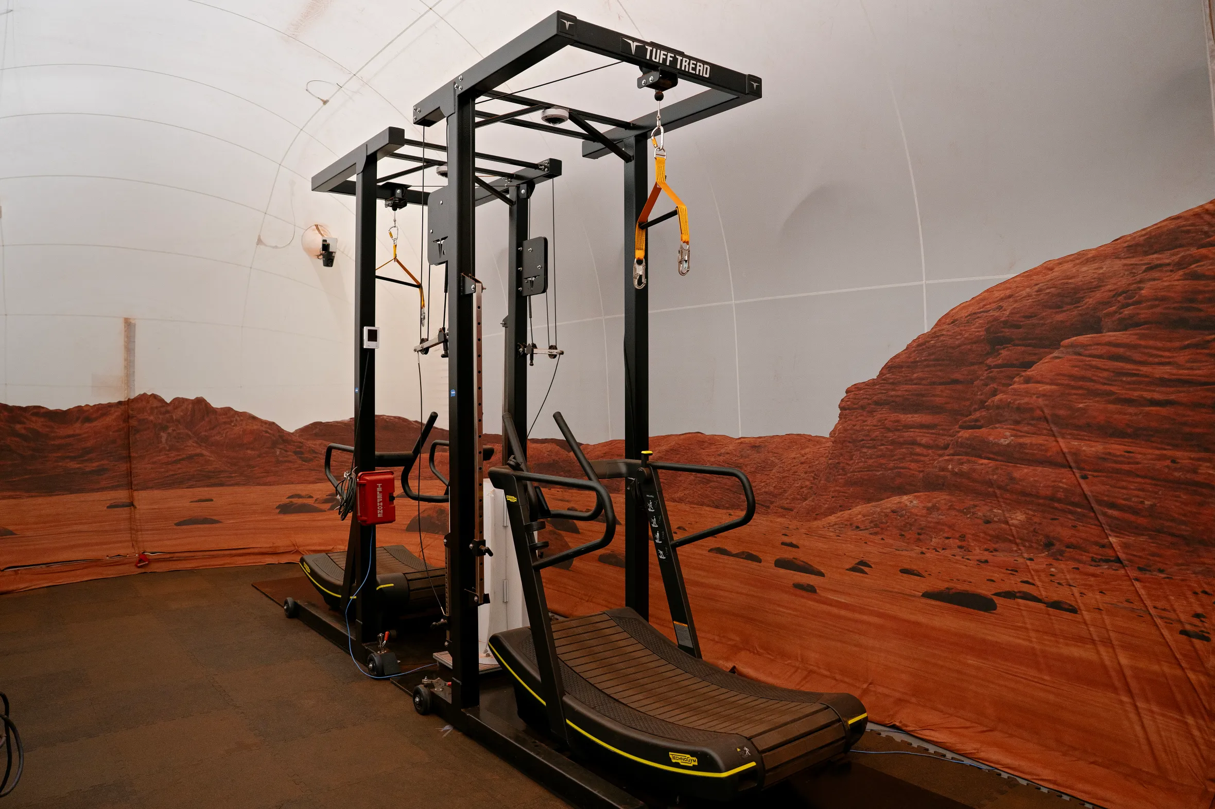 Two treadmills with harnesses for simulating Martian gravity in a room with a Mars-like landscape mural.