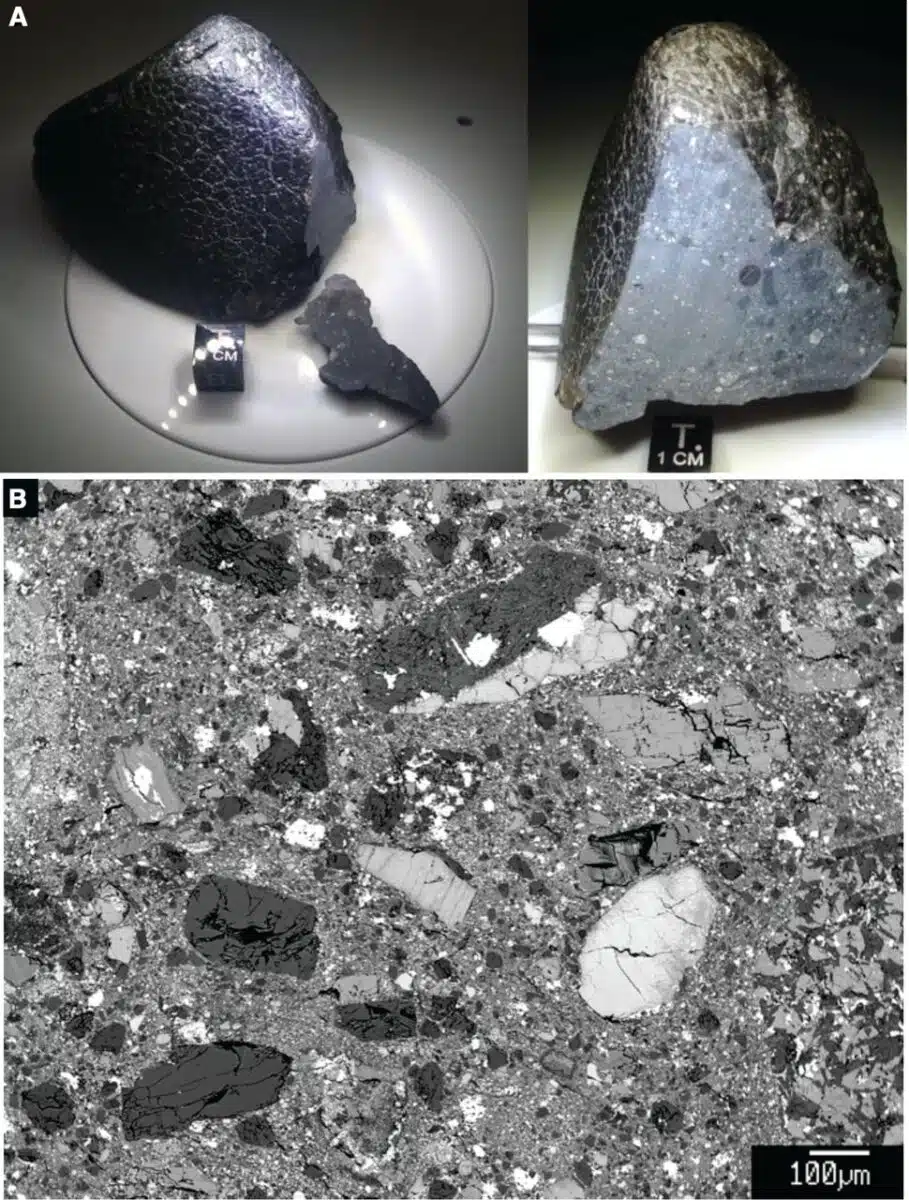 (a) Exterior And Sectioned Views Of The Moroccan Martian Meteorite With Scale; (b) High Resolution Image Displaying Its Fragmented Basaltic Breccia Texture.