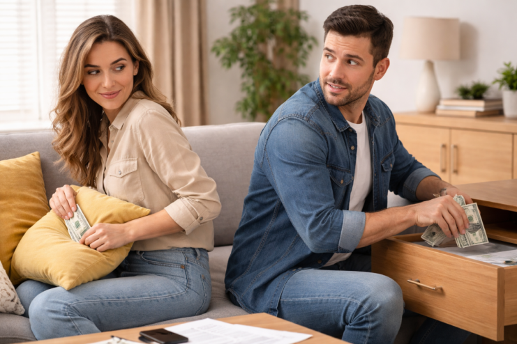 A couple discreetly tucking away cash, symbolizing secretive financial strategies and AIs role in personal finance managem...