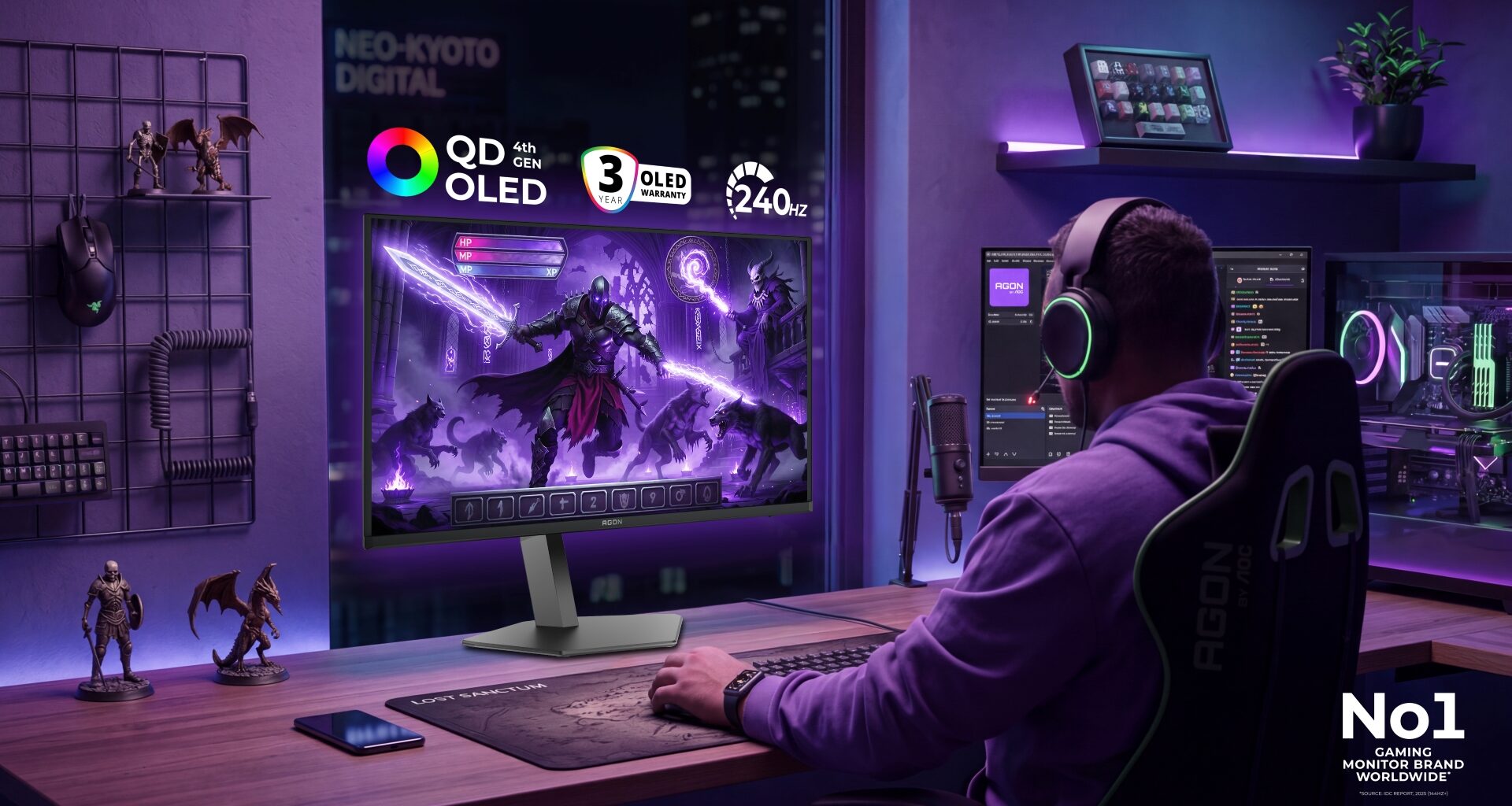 A person in a gaming setup is playing a game featuring a purple-clad fantasy character on an AGON monitor by AOC with 'QD OLED 4th Gen' and '240Hz' displayed, and a 'No1 Gaming Monitor Brand Worldwide' logo at the bottom-right.