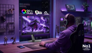 A person in a gaming setup is playing a game featuring a purple-clad fantasy character on an AGON monitor by AOC with 'QD OLED 4th Gen' and '240Hz' displayed, and a 'No1 Gaming Monitor Brand Worldwide' logo at the bottom-right.